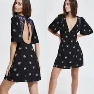 Free People black floral open back plunge neckline mini dress 4
